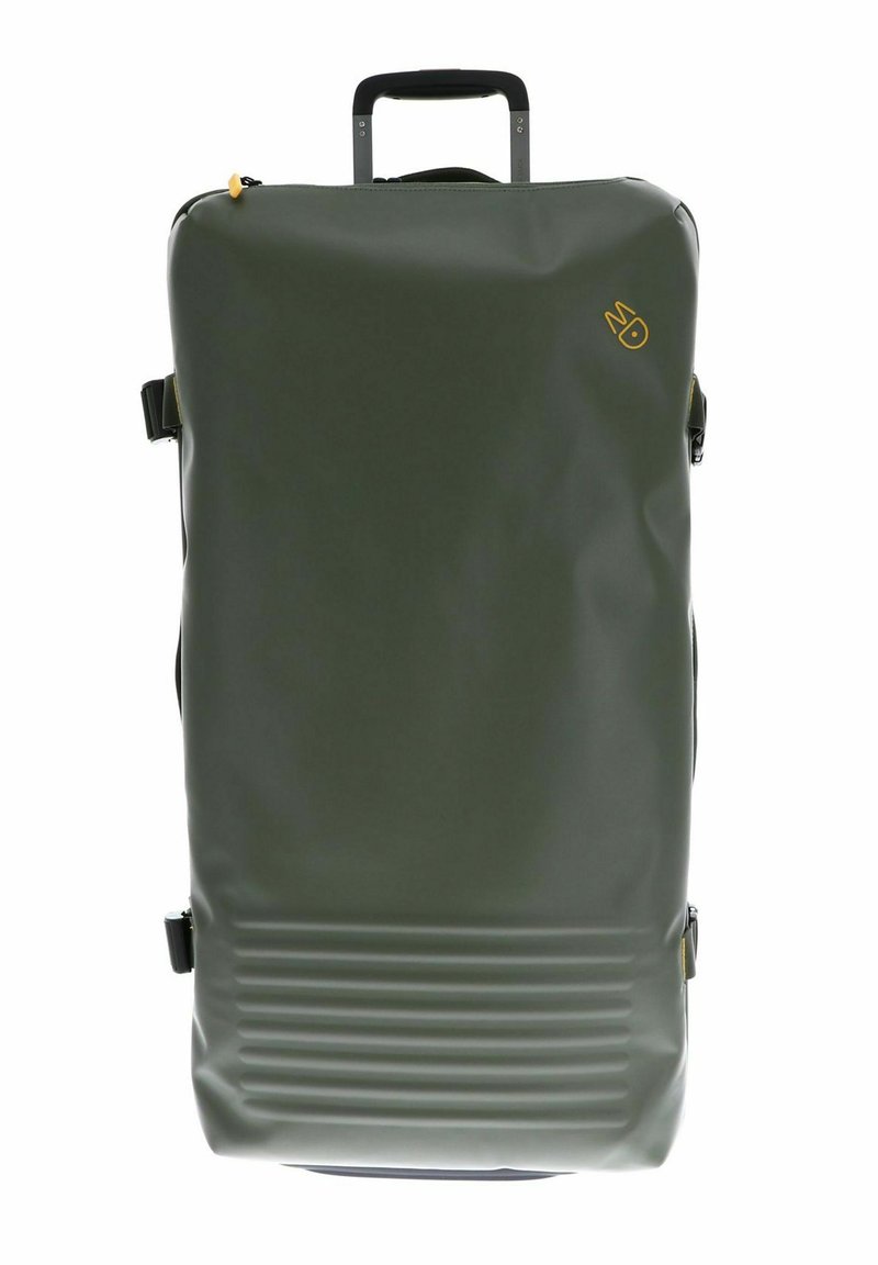 Grüner wasserdichter Rucksack mit strukturiertem Boden, verstellbaren Trägern und einem oberen Handgriff; mit einem gelben Logo auf der Vorderseite.