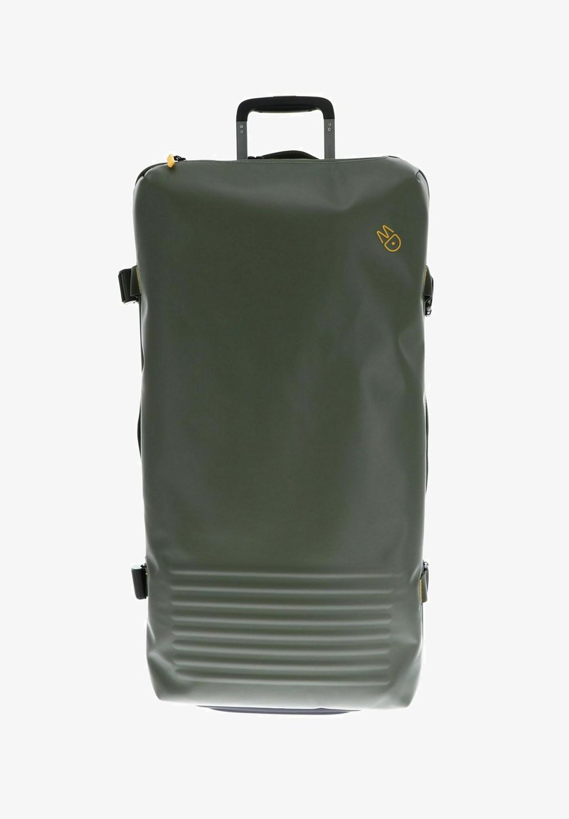 Grüner wasserdichter Rucksack mit strukturiertem Boden, verstellbaren Trägern und einem oberen Handgriff; mit einem gelben Logo auf der Vorderseite.