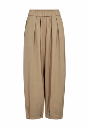 Beige broek met brede pijpen, een elastische tailleband met plooien, zijzakken, vouwen aan de voorkant en knoopdetails bij de taps toelopende pijpen.