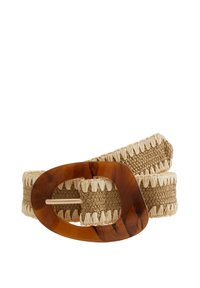 Tkanjeni slamnat pas v svetlo bež barvi z bleščečim tortoiseshell ovalnim sponko in belimi frufruji ob robovih. Trajna tekstura.