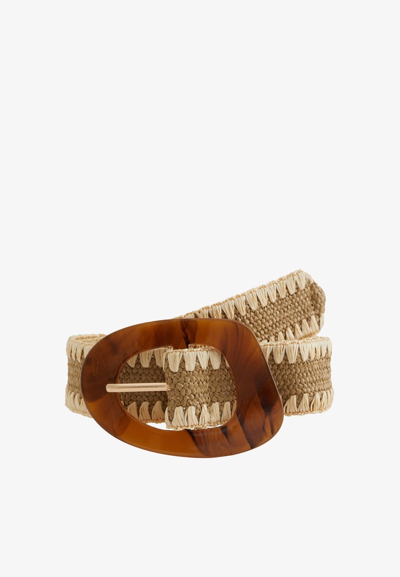 Tkanjeni slamnat pas v svetlo bež barvi z bleščečim tortoiseshell ovalnim sponko in belimi frufruji ob robovih. Trajna tekstura.