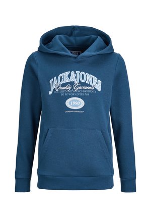 Blaues Kapuzensweatshirt mit einer Fronttasche, das mit weißem Drucktext und Akzenten versehen ist. Hergestellt aus weichem Material mit gerippten Bündchen.