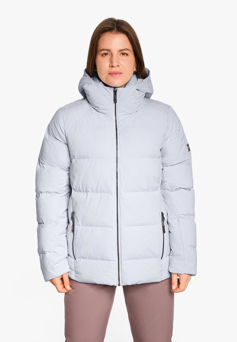 Giacca a vento blu chiaro con cappuccio, dotata di zip frontale, motivo trapuntato e due tasche laterali. Tessuto morbido e isolato.