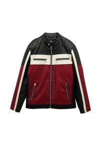 Schwarze und burgunderrote Lederjacke mit weißen Streifen, gesteppten Schultern, Reißverschlusstaschen vorne und Stehkragen.