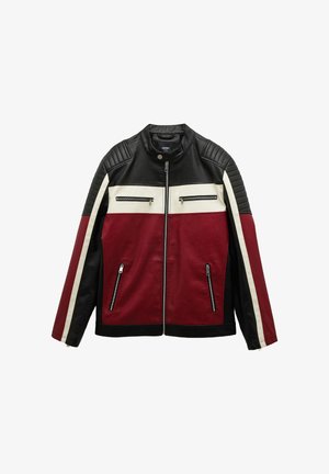 Giubbotto in pelle nero e bordeaux con righe bianche, spalle trapuntate, tasche con zip sul fronte e colletto rialzato.