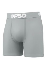 Szürke férfi boxer alsónadrág, testhezálló kialakítással; sima anyagból készült, fehér logóval ellátott márkás gumírozott derékkal.