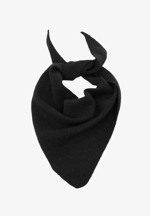 Černý trojúhelníkový šátek vyrobený z jemné tkaniny. Má design s zatočeným uzlem na vrchu, hladkou strukturu a jednoduchý, nezdobený vzhled.