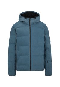 Padded Jacke aus blauem Stoff mit schwarzem Innenfutter. Verfügt über einen Frontreißverschluss, Seitentaschen und eine enganliegende Kapuze. Die Textur wirkt glatt.