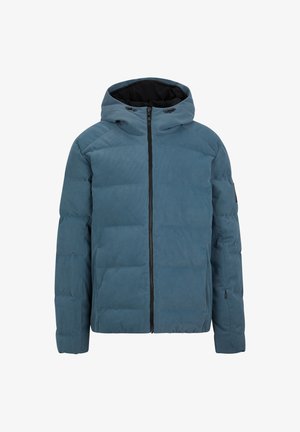 Padded Jacke aus blauem Stoff mit schwarzem Innenfutter. Verfügt über einen Frontreißverschluss, Seitentaschen und eine enganliegende Kapuze. Die Textur wirkt glatt.
