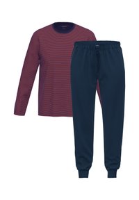 Langsleeve bordeaux gestreepte shirt en marineblauwe sweatpants met elastische boorden en een trekkoord tailleband. Lichtgewicht stof, casual ontwerp.
