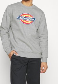 Hombre con una sudadera gris que tiene un gran logo rojo y amarillo de Dickies en el pecho, combinada con pantalones negros.