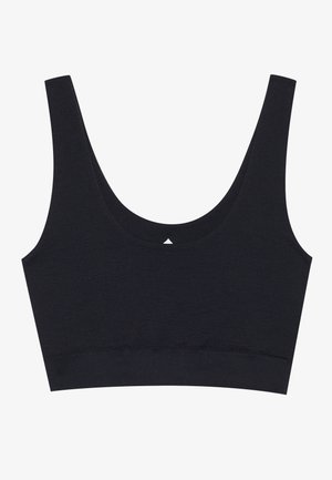 Melna ribota bralette ar plašu izgriezumu un biezām plecu siksnām. Apakšā ir gluda, elastīga lente. Nav aizdaru vai polsterējuma.