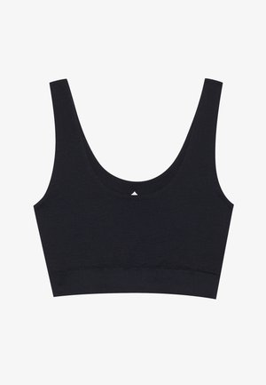 Czarny, prążkowany braletka z szerokim dekoltem i grubymi ramiączkami. Posiada gładką, elastyczną taśmę u dołu. Bez zapięć i wypełnienia.