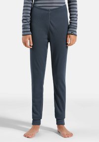 Dark gray thermal pants with a ribbed texture, featuring a fitted design and elastic waistband, ending at the ankle with cuffed hems.