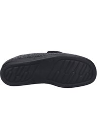 Gray felt slipper with a black rubber sole, featuring a textured outsole for grip and a simple design without embellishments.