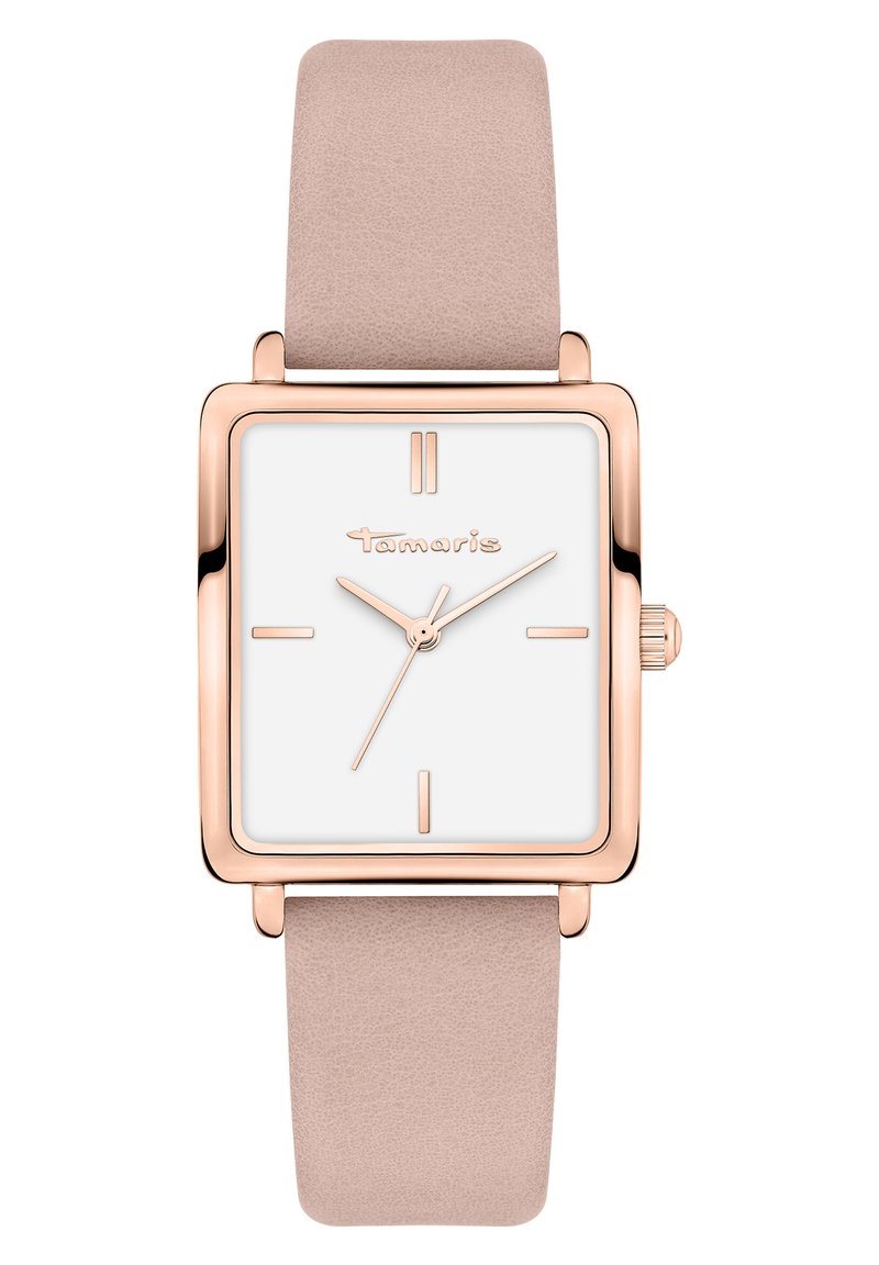 Montre carrée avec un cadran blanc et des accents en or rose, dotée d'un bracelet en cuir lisse rose pâle et de marqueurs d'heure minimalistes.