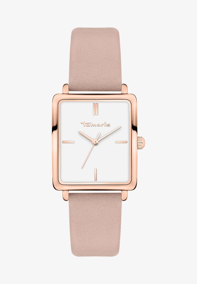 Vierkante horloge met een witte wijzerplaat en roségouden accenten, voorzien van een soepel lichtroze leren band en minimalistische uurmarkeringen.