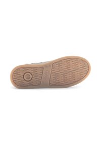 Semelle de chaussure avec une surface texturée en caoutchouc, mettant en valeur un accent circulaire et le nom de la marque "Gabor" en relief. Couleur marron clair.