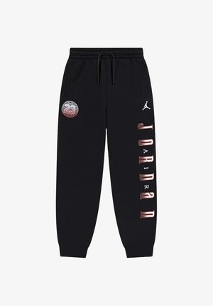 Pantaloni sportivi neri realizzati in tessuto morbido, dotati di una cintura elastica, tasche laterali, un logo circolare "23" e la scritta "JORDAN" stampata lungo una gamba.