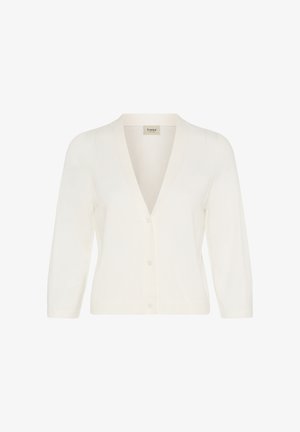 Valge kootud kardigan V-kaelusega, kolmveerandvarrukatega, ees nööpidega ja pehme tekstuuriga. Lihtne disain ilma mustrite või aktsentideta.
