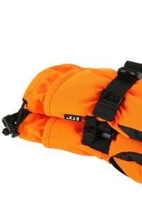 Bright orange padded mittens with black adjustable straps and buckles; textured fabric with stitching details; robust design for warmth.