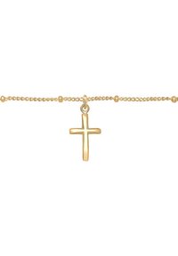 Bracciale in oro con un pendant a forma di croce appesa e testurizzata. La catena presenta piccole perline lungo la sua lunghezza, evidenziando un design delicato.