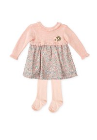 Vestido de punto rosa con falda de flores, detalles de encaje y adornos de flores; combinado con medias rosas a juego. Textura suave y ligero.