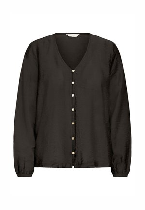 Črna dolga bluzica z dolgimi rokavi in V-izrezom, z osmimi majhnimi bisernimi gumbi po sredini spredaj, z zbrano obrobo na rokavih.