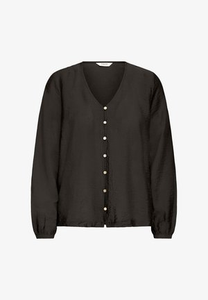 Črna dolga bluzica z dolgimi rokavi in V-izrezom, z osmimi majhnimi bisernimi gumbi po sredini spredaj, z zbrano obrobo na rokavih.