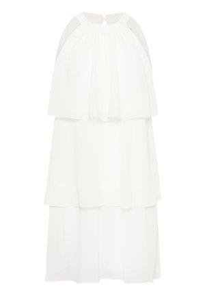 White sleeveless tiered dress with cape-like overlay and round neckline, featuring three flowing layers of fabric.