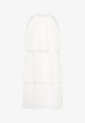 White sleeveless tiered dress with cape-like overlay and round neckline, featuring three flowing layers of fabric.