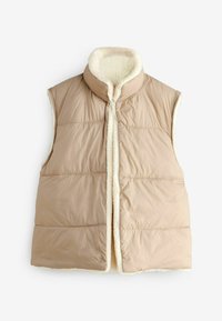 Beige, ärmellose, isolierte Weste mit hohem Kragen, weicher cremefarbener Innenauskleidung und gestepptem Textur. Zentrale Vorderseite mit Verschluss ohne sichtbare Beschläge.