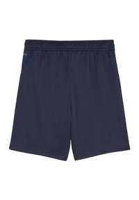 Marineblauwe atletische shorts met elastische tailleband, lichtgewicht vochtregulerende stof, accenten in de zijpanelen en ademende meshstructuur.