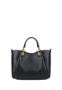 Borsa a mano in pelle nera con superficie testurizzata, hardware dorato, doppio manico superiore e rivestimento interno rosa. Caratterizzata da un design spazioso.