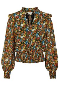 Blommig blus med långa, puffiga ärmar, smockad midja och nyckelhålsutskärning. Har flerfärgade blommor mot en mörk bakgrund.