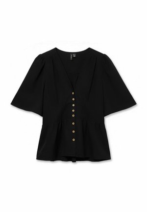 Blouse noire à manches courtes avec col en V, boutons dorés sur le devant, ourlet légèrement évasé et manches larges et amples.