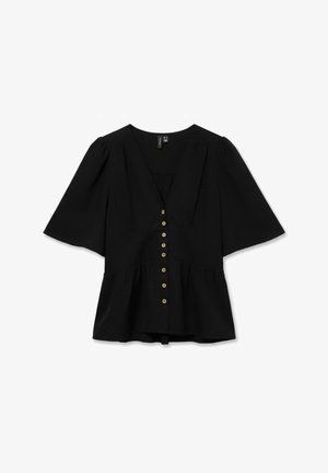Črna bluza s kratkimi rokavi in V-izrezom, zlati gumbi spredaj, rahlo razširjen spodnji rob in široki, ohlapni rokavi.