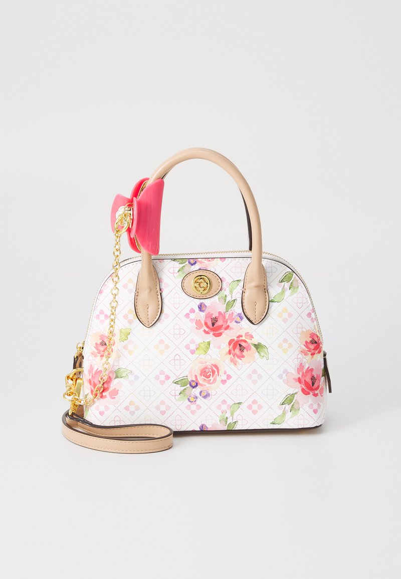 Floral handbag with a white background, leather handles, and a pink bow accent. Features a chain strap and diamond pattern with roses.
