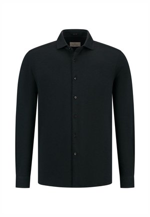 Melnā garā piedurkne pogu krekls ar bikšu apkakli, ar smalku tekstūru un mazu logotipu uz krūtīm.