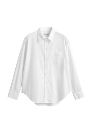 White long-sleeve button-up shirt with collar and front chest pocket, displayed against a plain white background.
