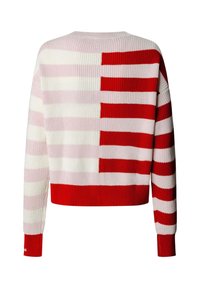 Gebreide trui met een ronde hals, met afwisselend brede strepen in rood en roze, en een effen rode geribbelde zoom en manchetten.