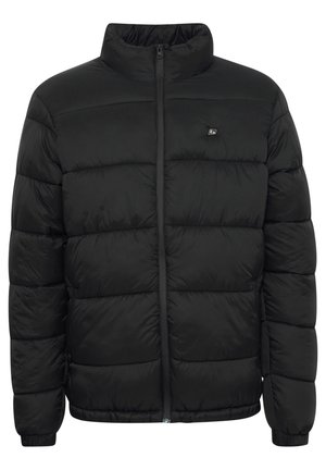 Black puffer jacket with a high collar, vertical quilted pattern, front zipper closure, and elasticized cuffs. Lightweight, durable material.