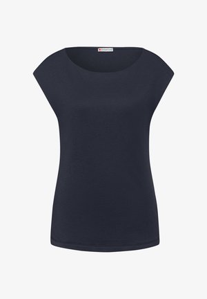 Haut sans manches bleu marine avec encolure arrondie, taille ajustée, et étiquette de la marque Street One à l'intérieur de l'encolure.