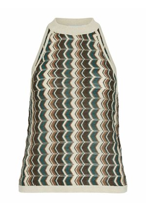 Ermeløs strikket topp med kremfarget kant og sikksakkmønster i brunt, tealfarget og hvitt, med høy hals og strukturert stoff.