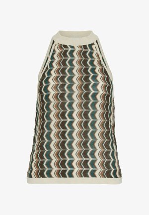Top de punto sin mangas con ribete crema y patrón de zigzag en marrón, verde azulado y blanco, con un cuello alto y tela texturizada.