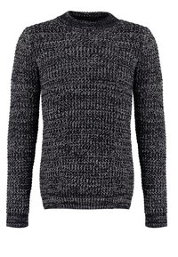 Pull en maille marbrée noir et blanc à manches longues avec col rond, poignets et ourlet côtelés.