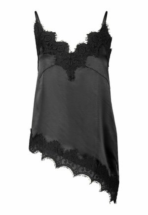 Schwarzes Satincamisole mit asymmetrischem Saum, verziert mit filigraner Spitzenborte am Ausschnitt und unteren Rand, dünne Schulterträger und florale Spitzenmuster.