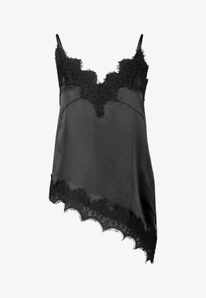 Zwarte satijnen spaghettitop met asymmetrische zoom, voorzien van een gedetailleerde kanten afwerking langs de halslijn en onderkant, dunne schouderbandjes en bloemrijke kantpatronen.