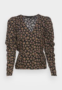 Blusa preta de manga longa com decote em V, padrão floral em verde e rosa, tecido texturizado e mangas bufantes franzidas.