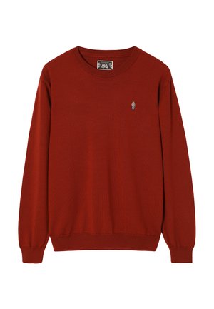 Punane pika varrukaga kampsun tekstuurse kangaga, millel on ümara kaelusega ja soonilised mansetid väikese tikitud figuuriga rinnal.